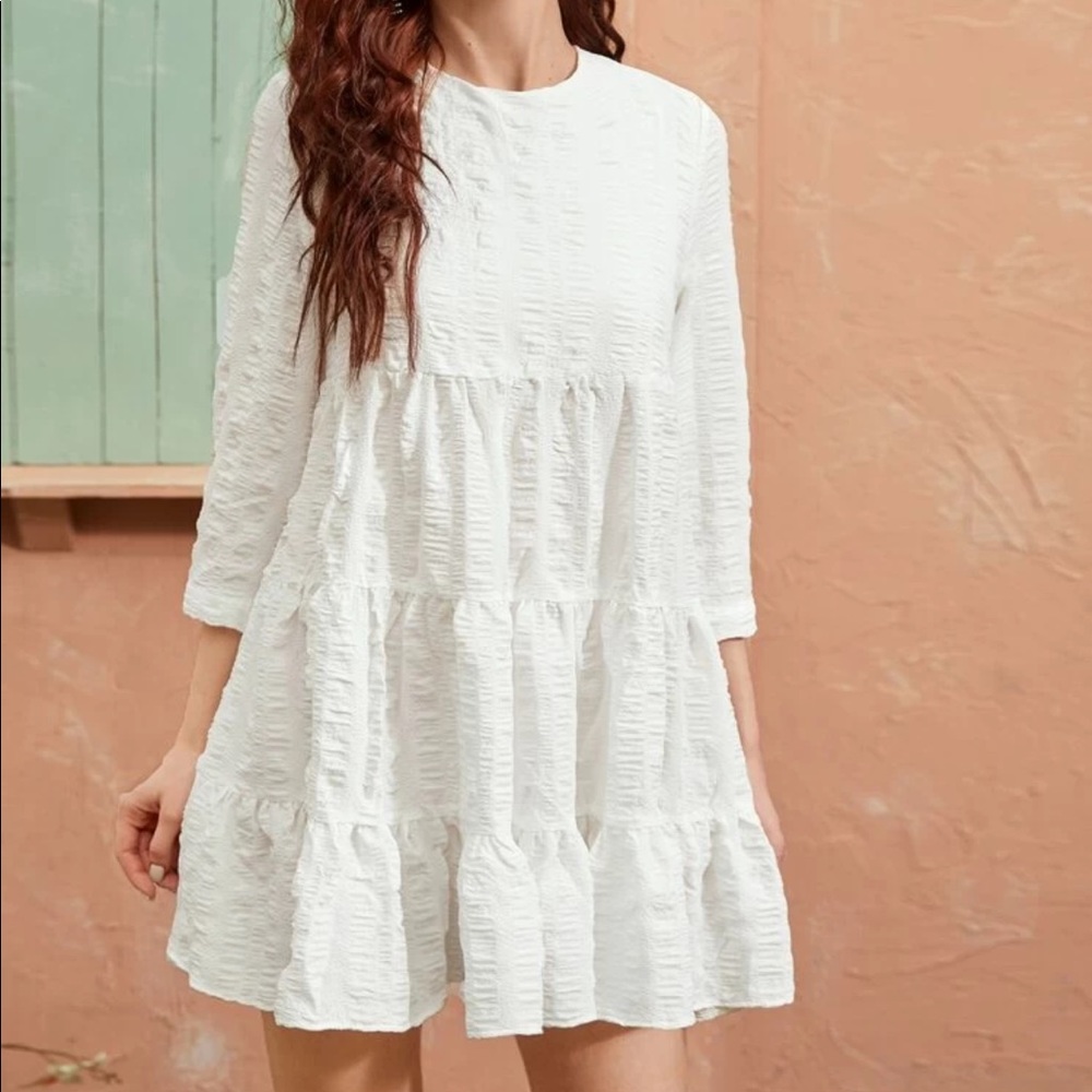Solid Layered Ruffle Hem Mini Smock Dress
